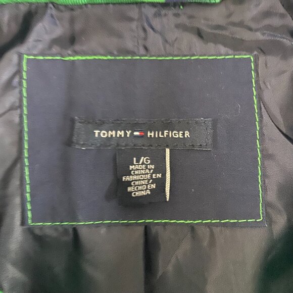 Tommy Hilfiger Belted Rain Trench Coat Jacket Green Blue Color Block Striped - Picture 6 of 10